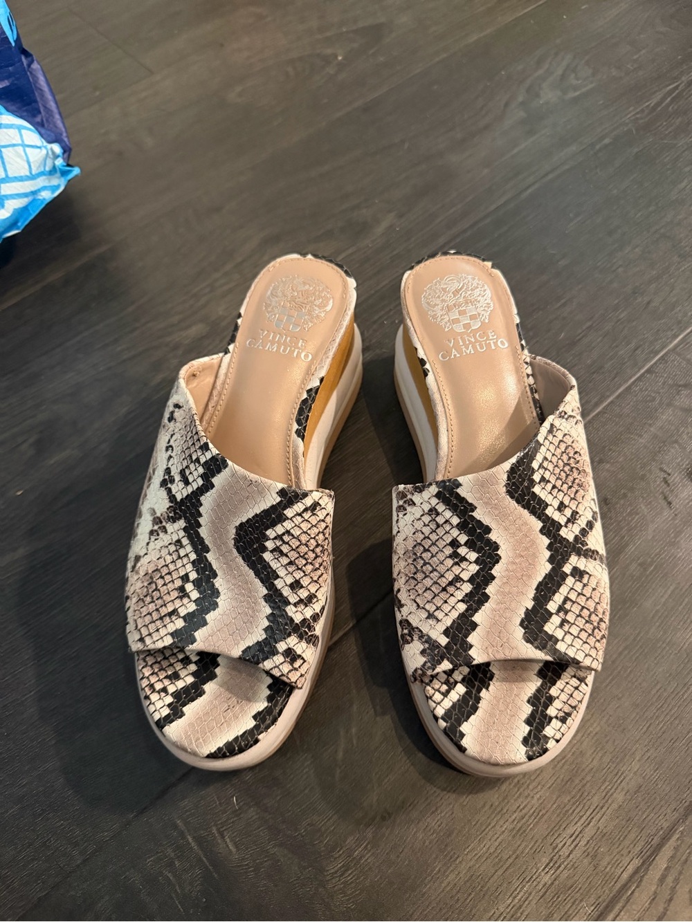 Vince Camuto Beige Snake Print Slide Wedges